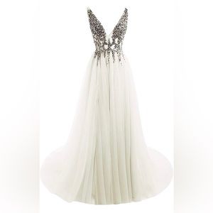 WHITE Dresses Deep V Neck Sequins Tulle & Lace High Split Long Evening Dresses